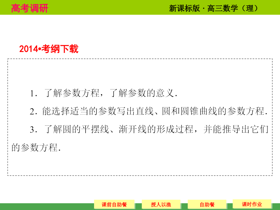 高考调研 2015届高考数学总复习人教新课标理科 配套课件选修4 4 2 参数方程共62张_第2页