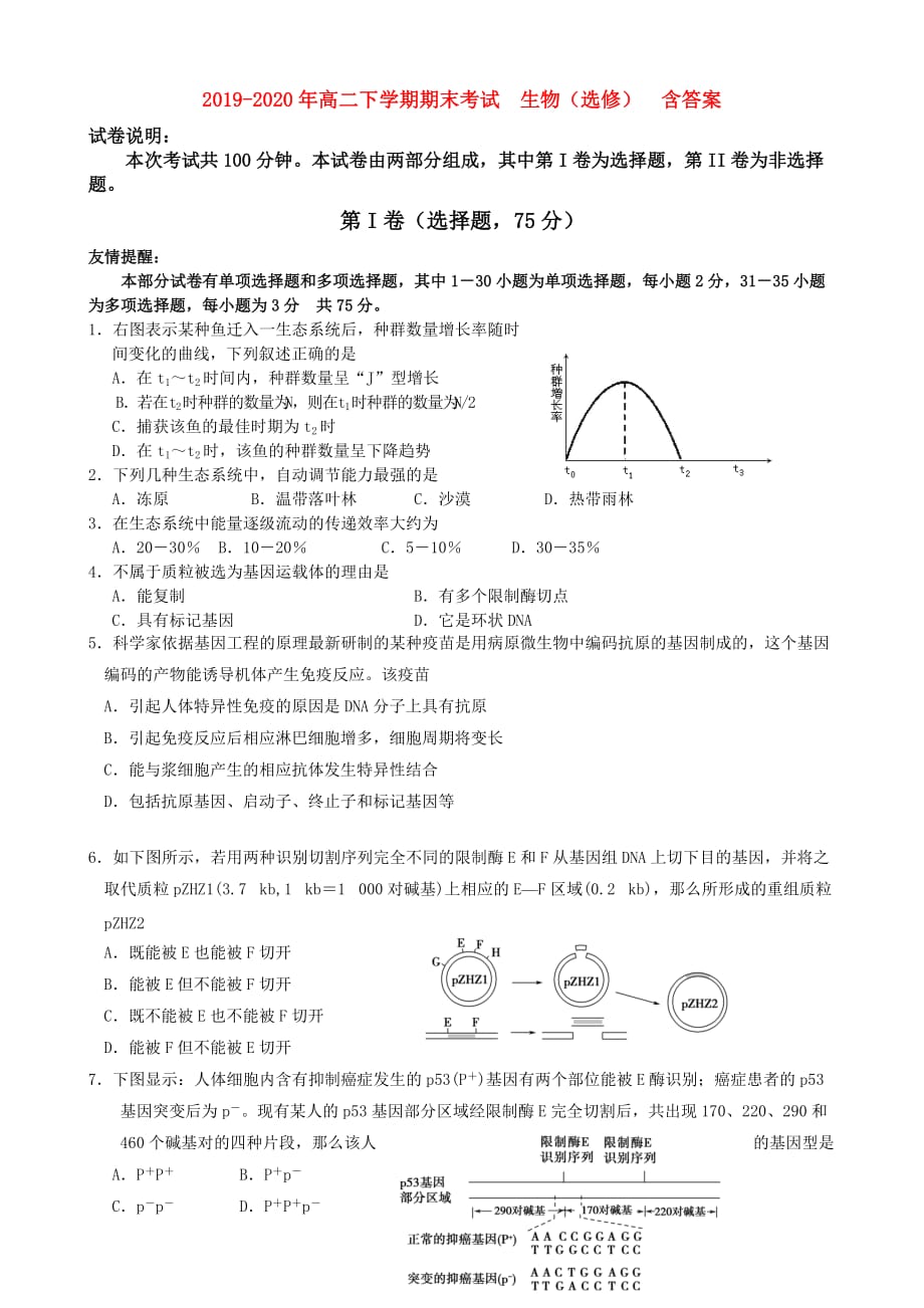 2019-2020年高二下学期期末考试　生物（选修）　含答案.doc_第1页