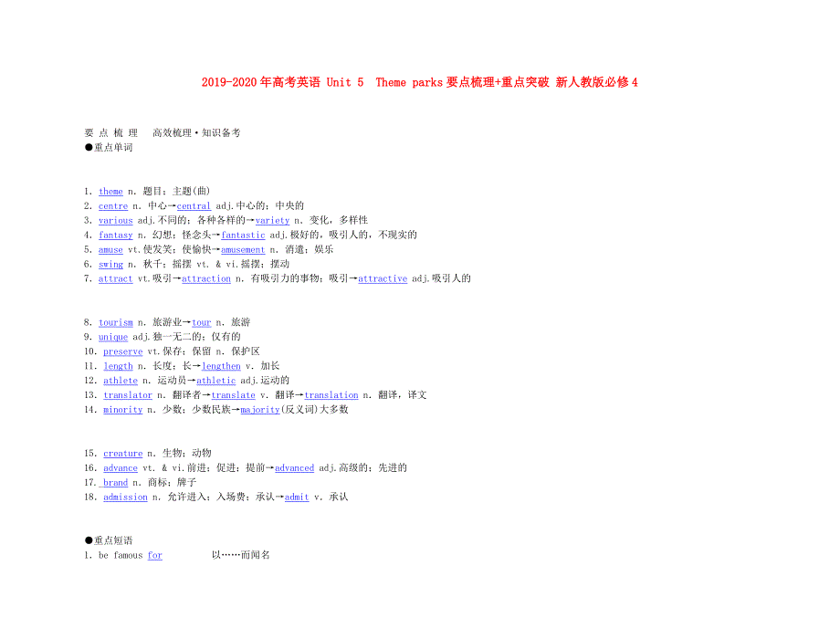 2019-2020年高考英语 Unit 5　Theme parks要点梳理+重点突破 新人教版必修4.doc_第1页