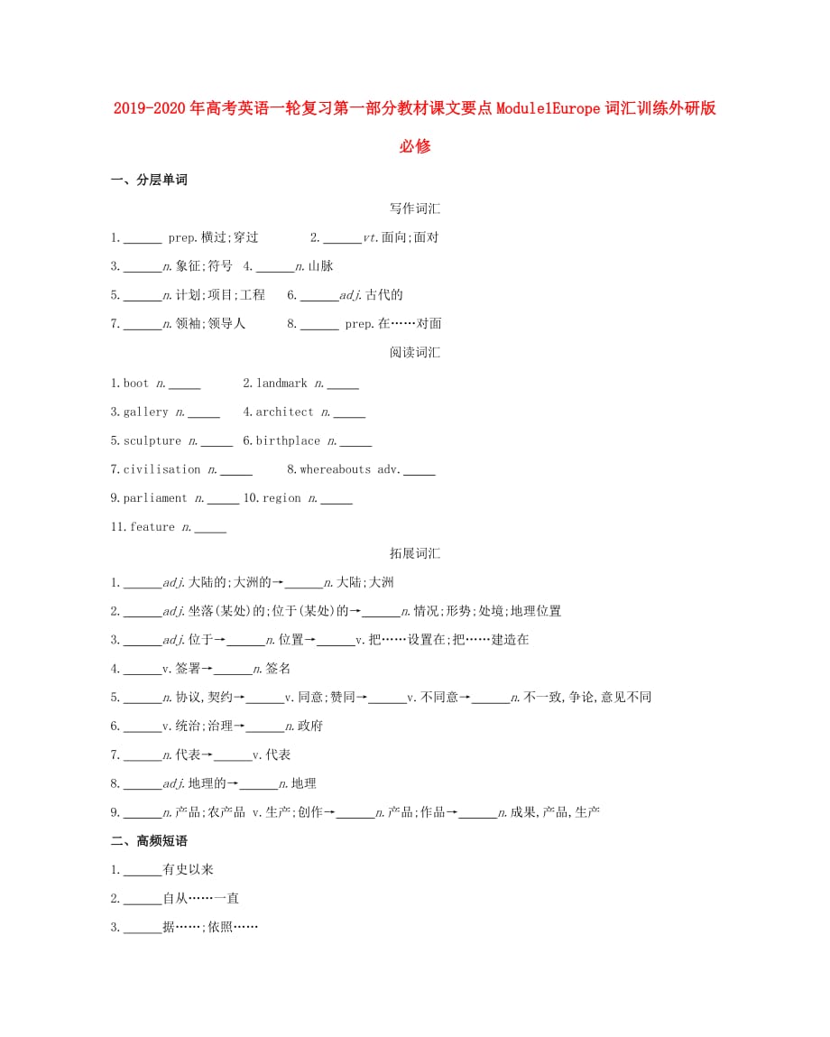 2019-2020年高考英语一轮复习第一部分教材课文要点Module1Europe词汇训练外研版必修.doc_第1页