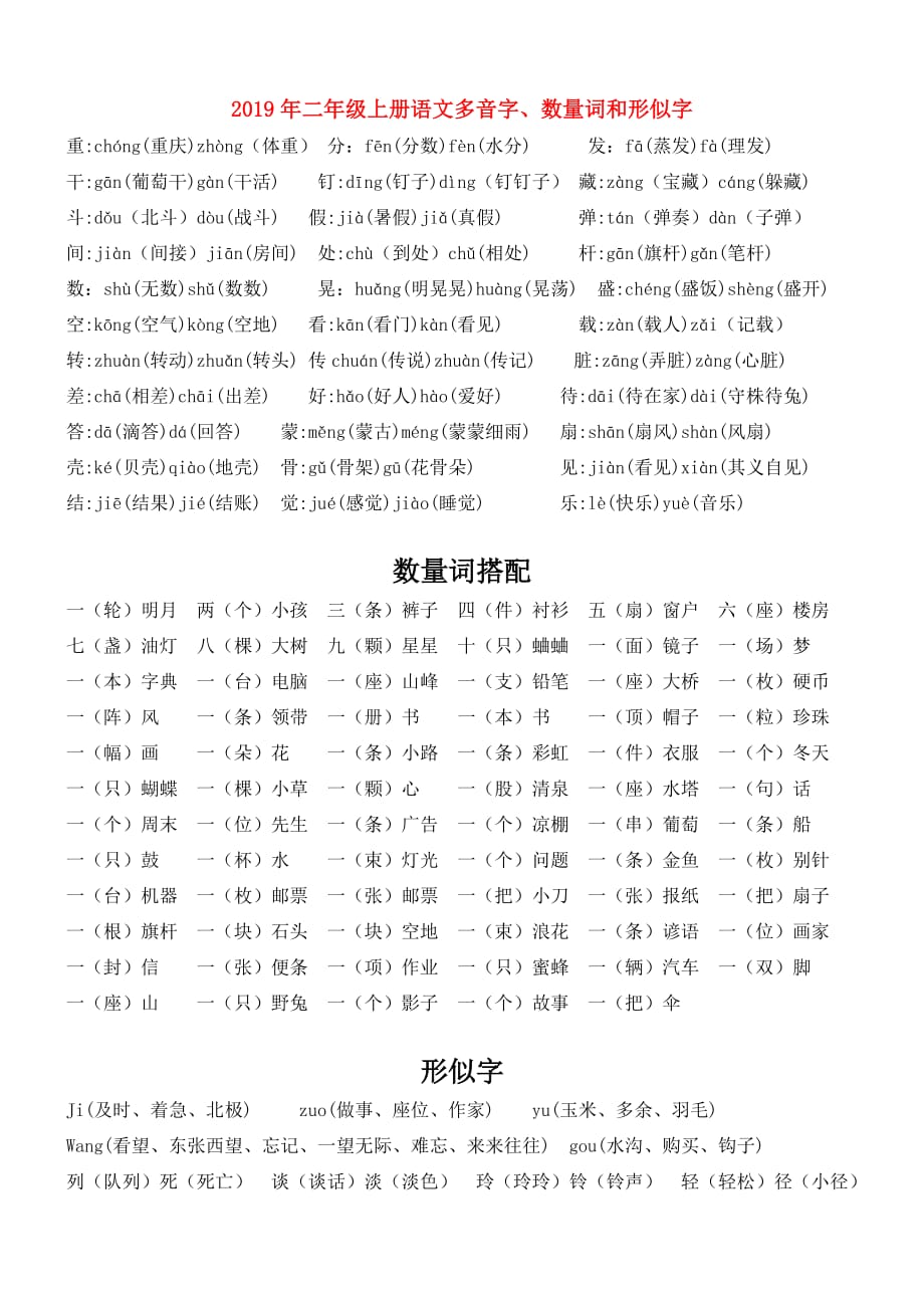 2019年二年级上册语文多音字、数量词和形似字.doc_第1页