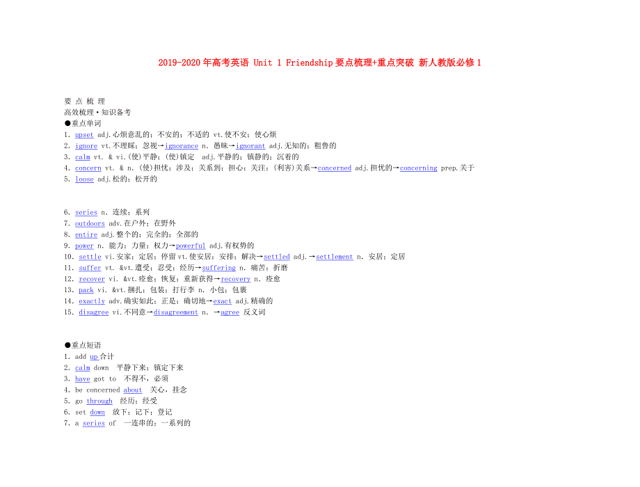 2019-2020年高考英语 Unit 1 Friendship要点梳理+重点突破 新人教版必修1.doc_第1页