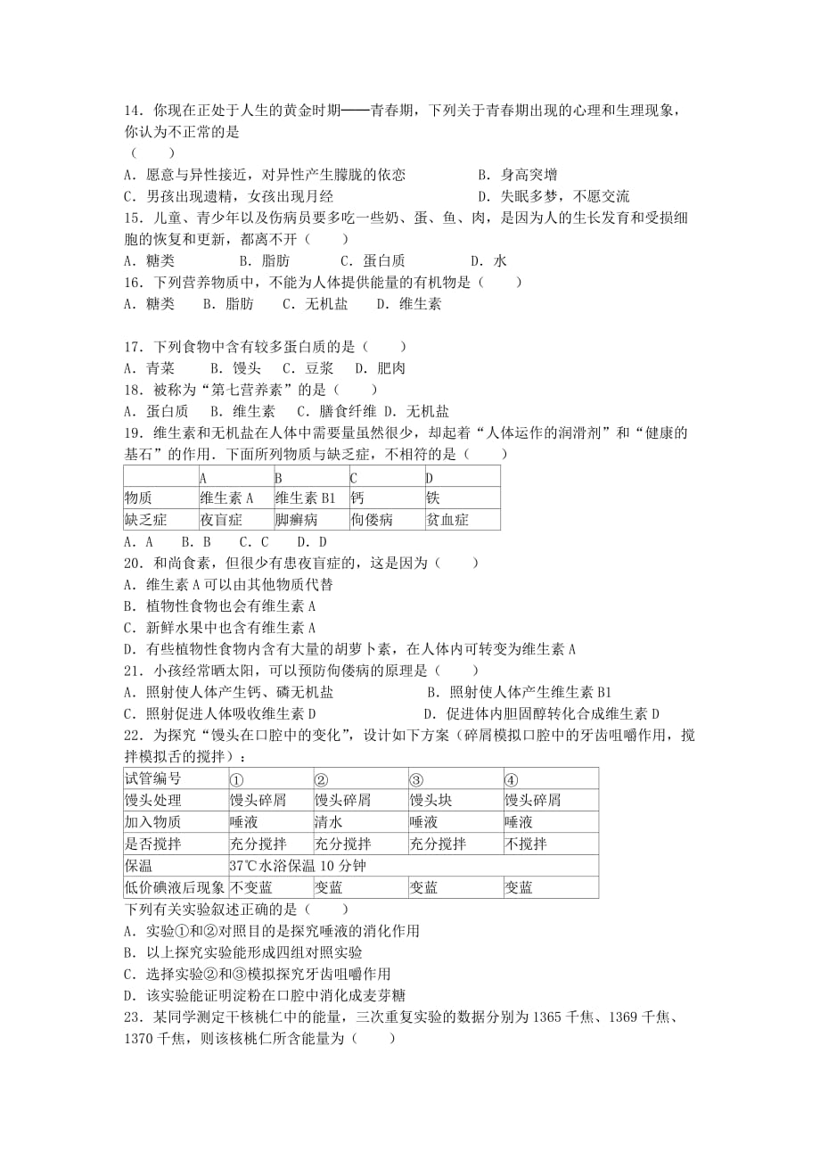 2019-2020年七年级生物下册第一次月考试卷.doc_第2页