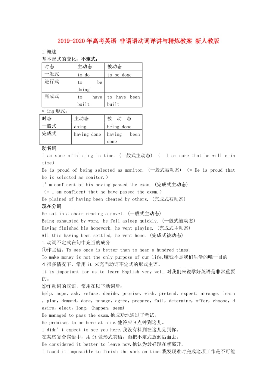 2019-2020年高考英语 非谓语动词详讲与精炼教案 新人教版.doc_第1页