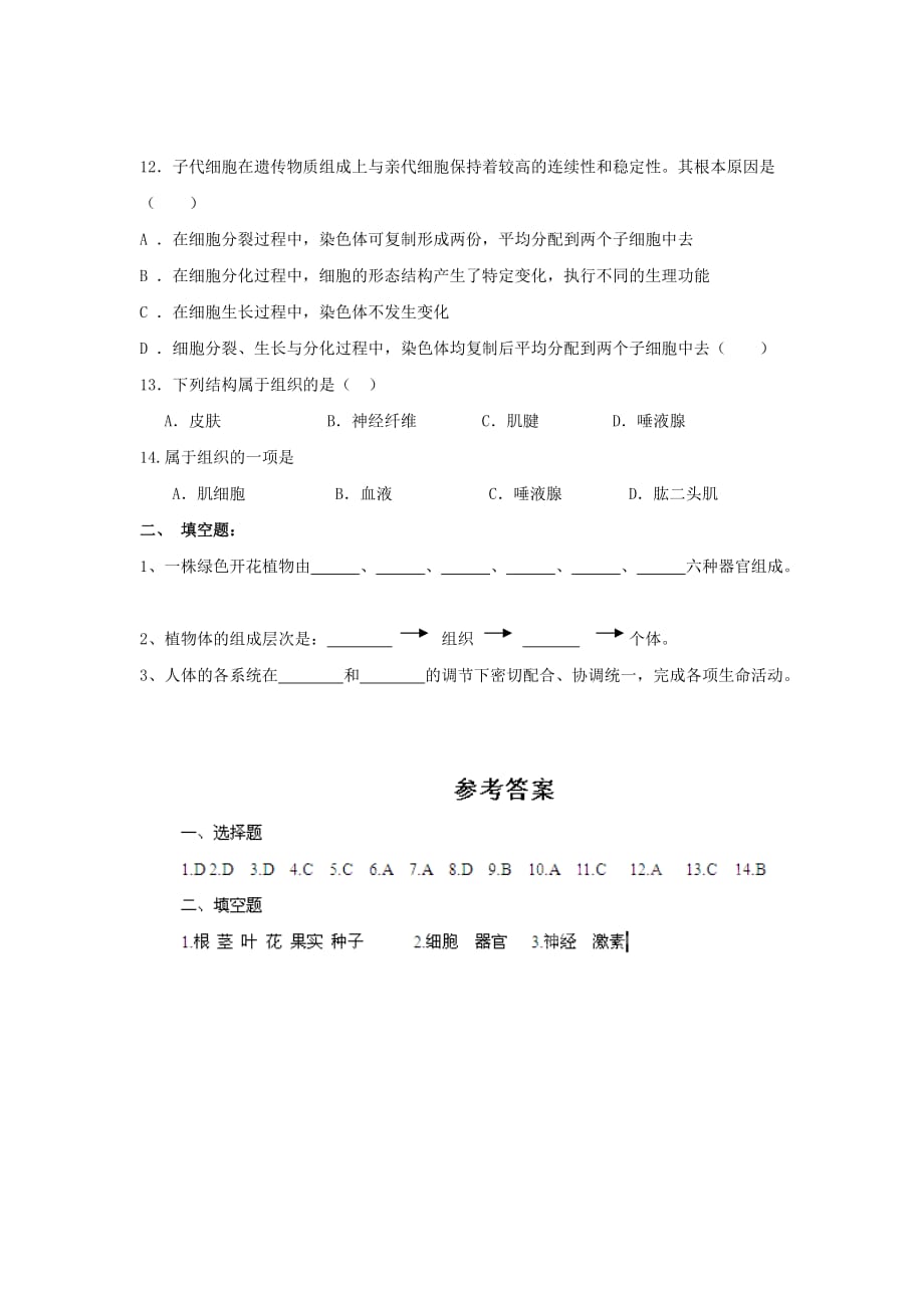 2019-2020年七年级生物上册2.4.2《多细胞生物体的组成》课时训练（新版）苏教版.doc_第2页