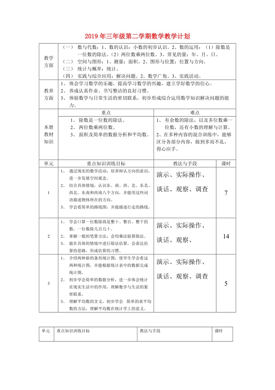 2019年三年级第二学期数学教学计划.doc_第1页