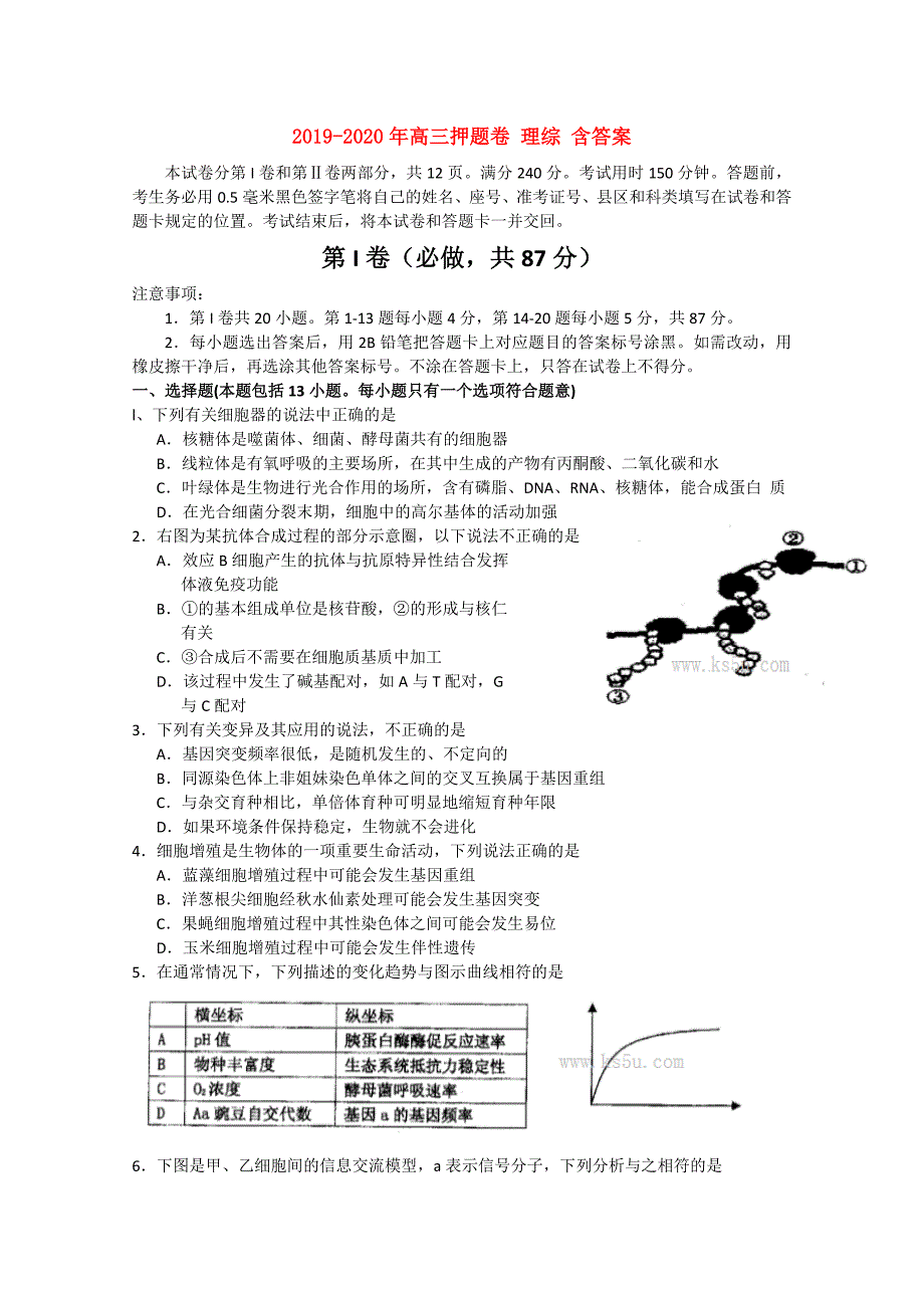 2019-2020年高三押题卷 理综 含答案.doc_第1页