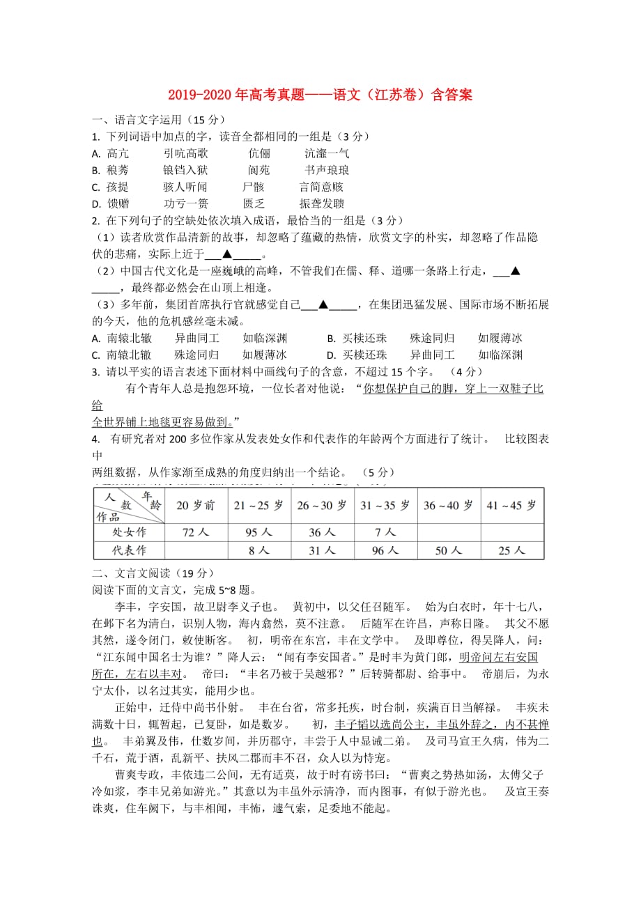 2019-2020年高考真题——语文（江苏卷）含答案.doc_第1页