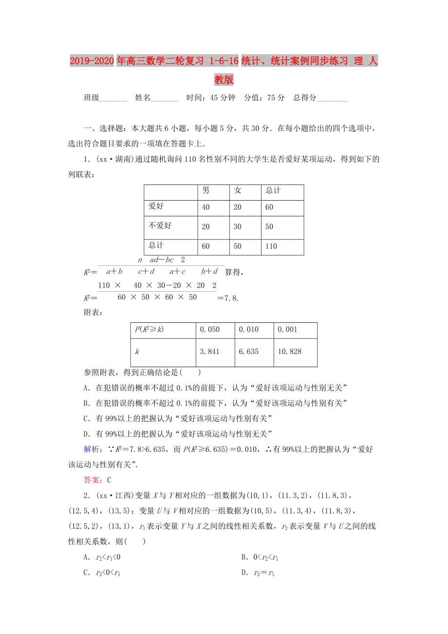 2019-2020年高三数学二轮复习 1-6-16统计、统计案例同步练习 理 人教版.doc_第1页