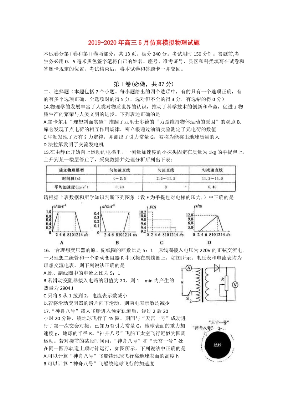 2019-2020年高三5月仿真模拟物理试题.doc_第1页