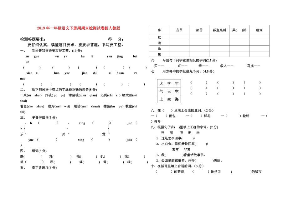 2019年一年级语文下册期期末检测试卷新人教版.doc_第1页