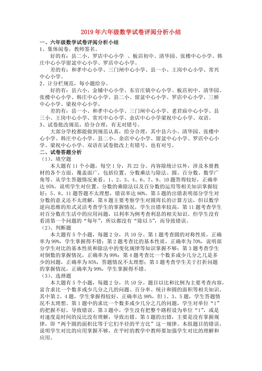 2019年六年级数学试卷评阅分析小结.doc_第1页