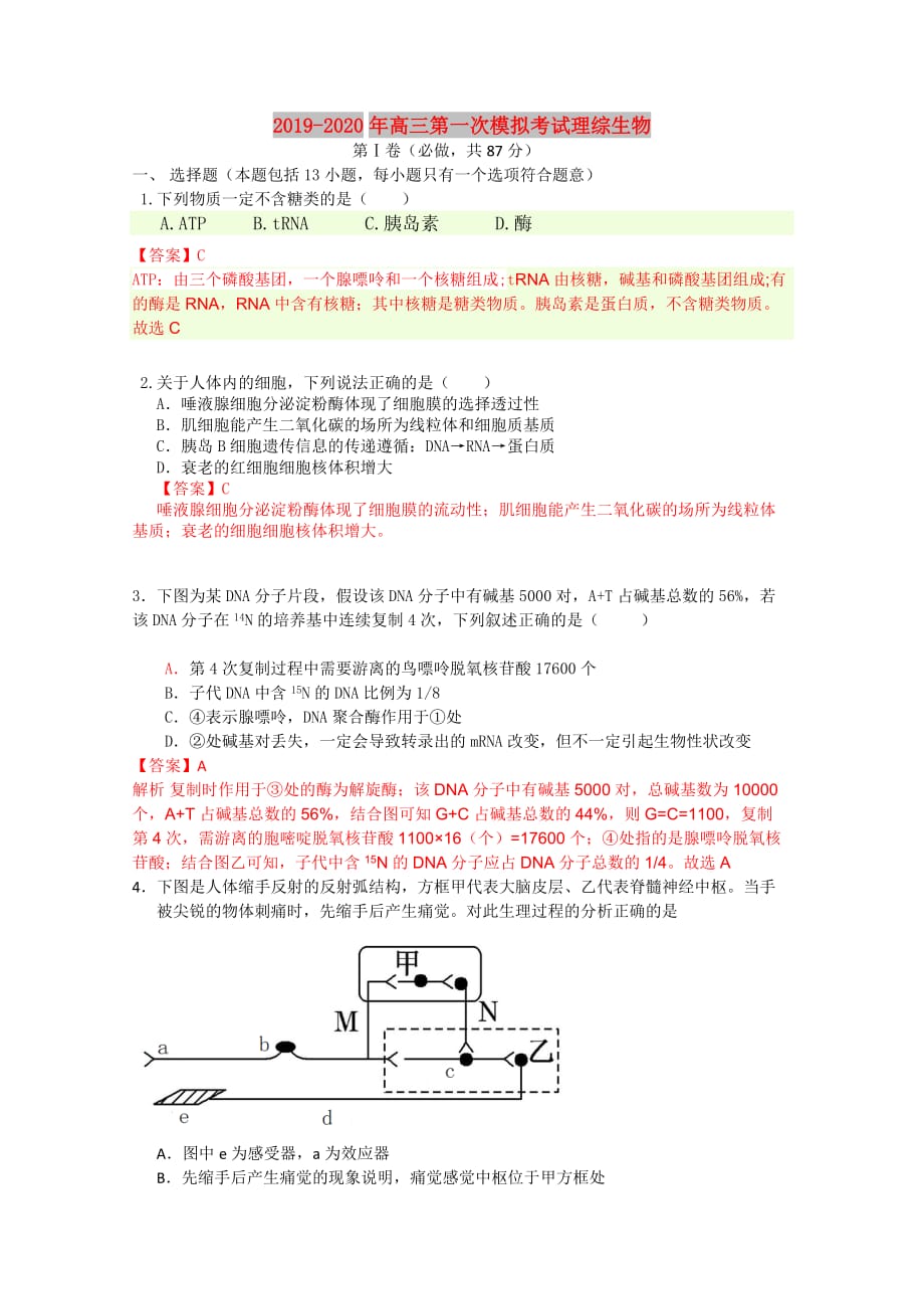 2019-2020年高三第一次模拟考试理综生物.doc_第1页