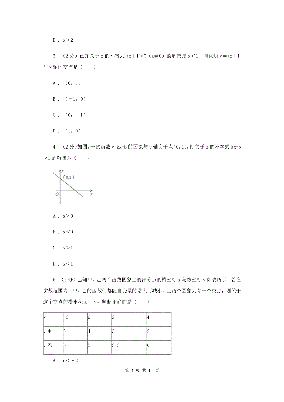 2019-2020学年人教版数学八年级下册同步训练：19.2.3《一次函数与方程、不等式》C卷.doc_第2页