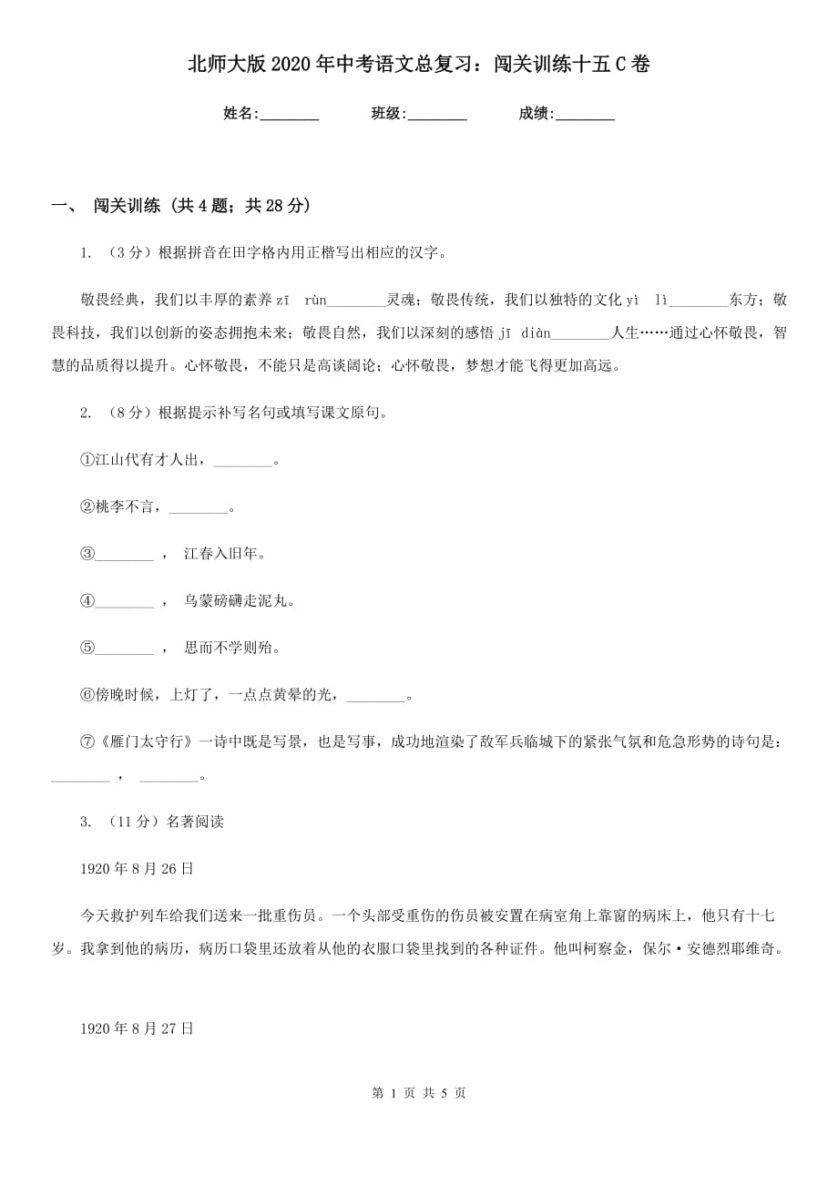 北师大版2020年中考语文总复习：闯关训练十五C卷.doc_第1页