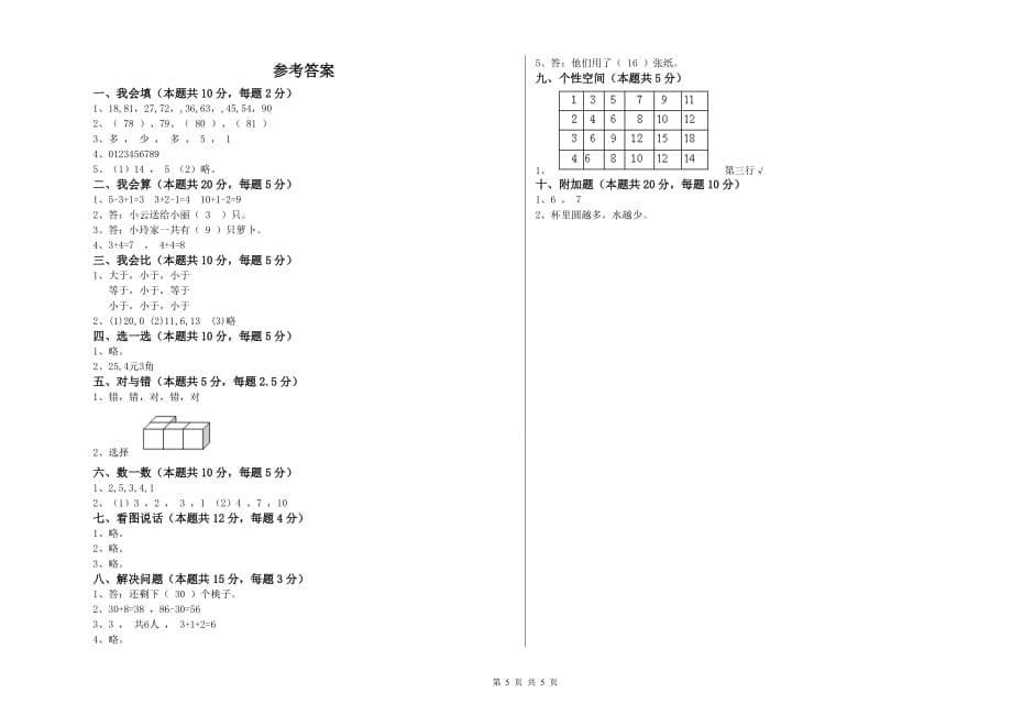 2020年一年级数学【下册】期末考试试卷D卷 含答案.doc_第5页