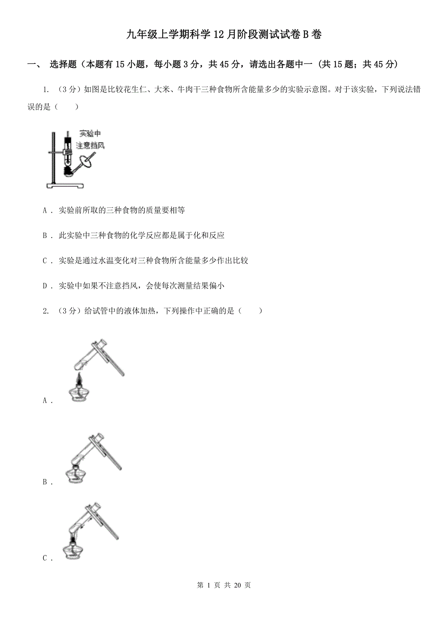 九年级上学期科学12月阶段测试试卷B卷.doc_第1页