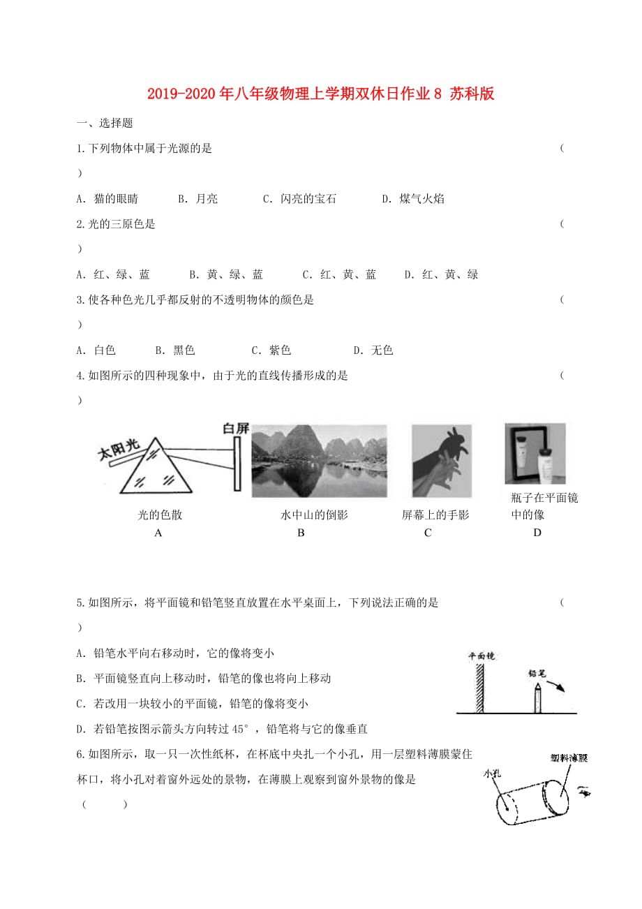 2019-2020年八年级物理上学期双休日作业8 苏科版.doc_第1页