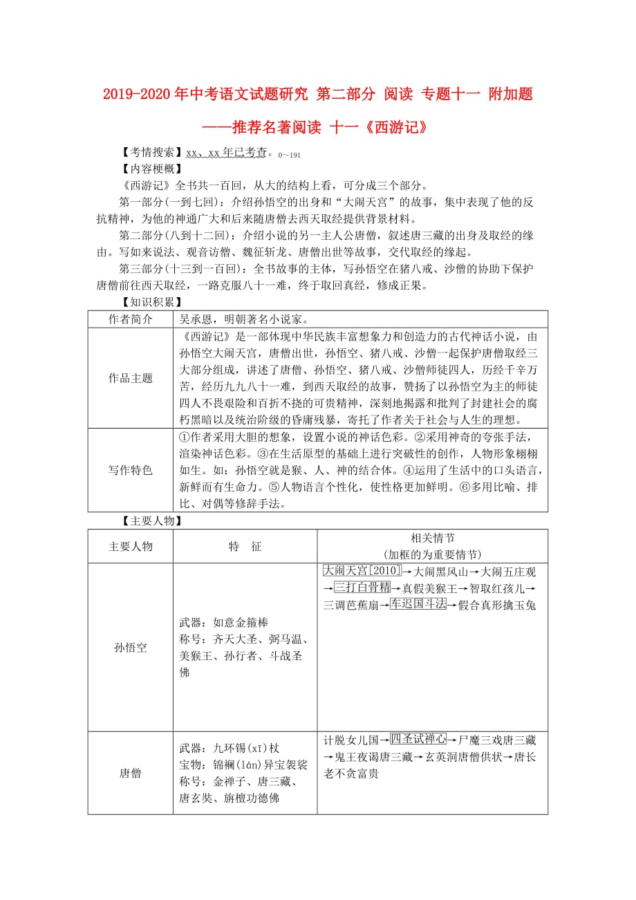 2019-2020年中考语文试题研究 第二部分 阅读 专题十一 附加题——推荐名著阅读 十一《西游记》.doc_第1页