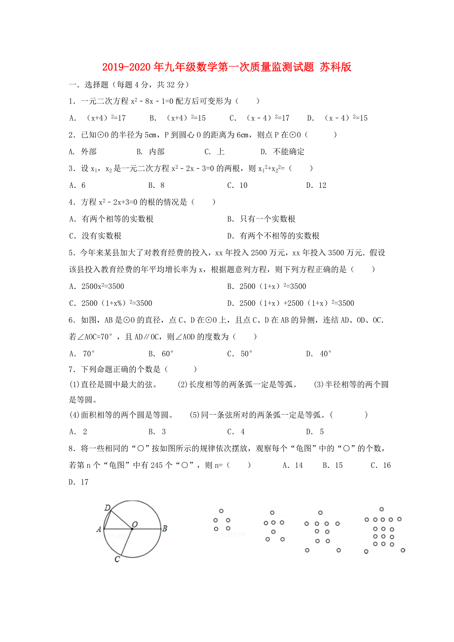 2019-2020年九年级数学第一次质量监测试题 苏科版.doc_第1页