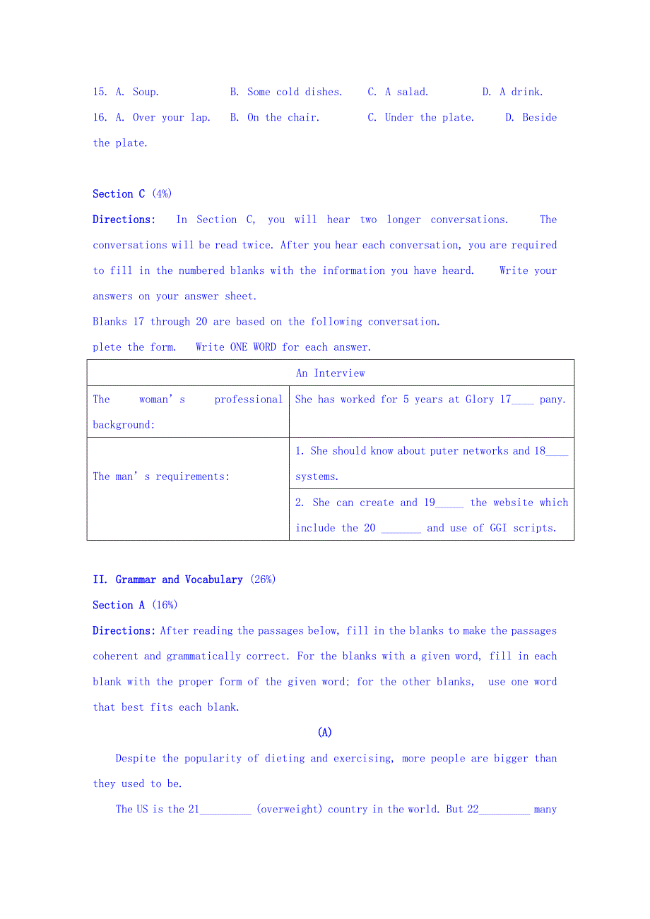 2019-2020年高二9月零次考试英语试题 含答案.doc_第3页