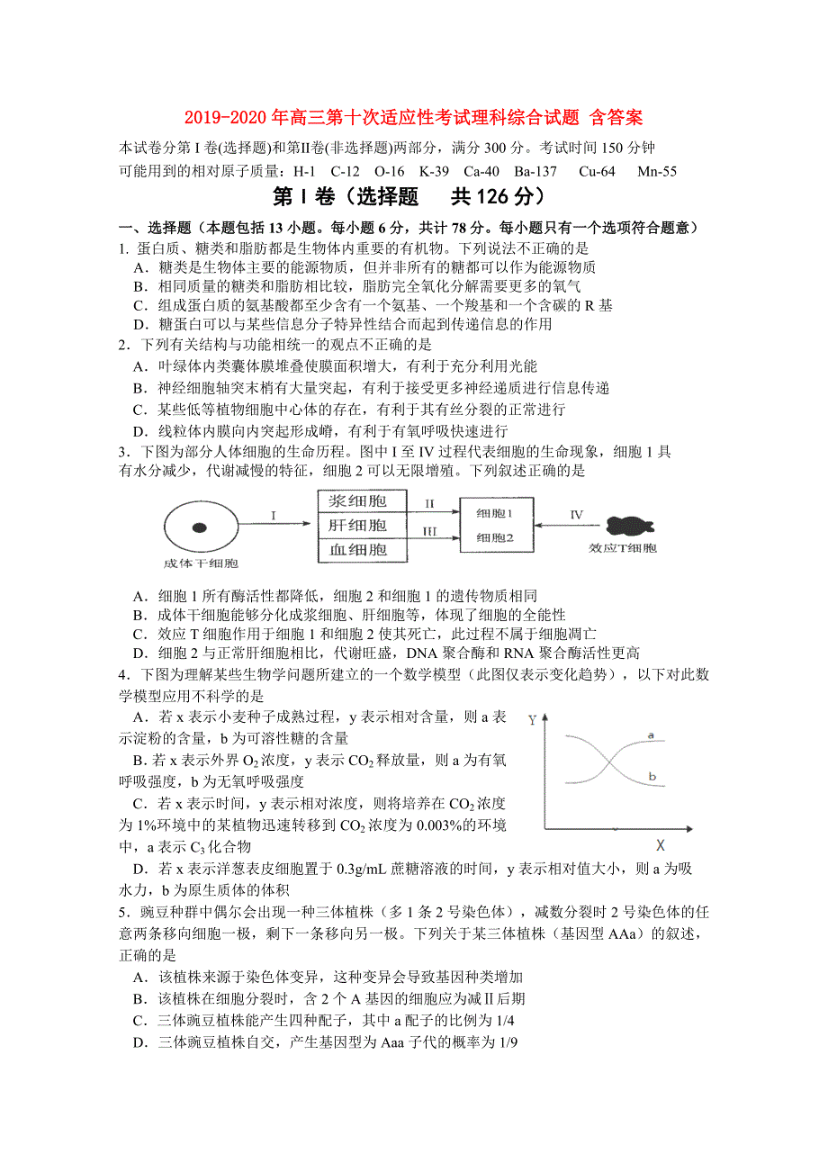 2019-2020年高三第十次适应性考试理科综合试题 含答案.doc_第1页