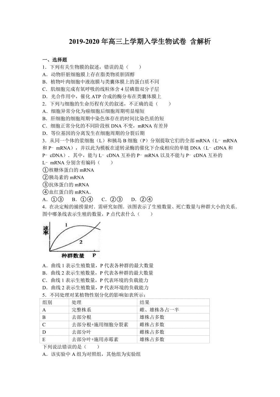 2019-2020年高三上学期入学生物试卷 含解析.doc_第1页