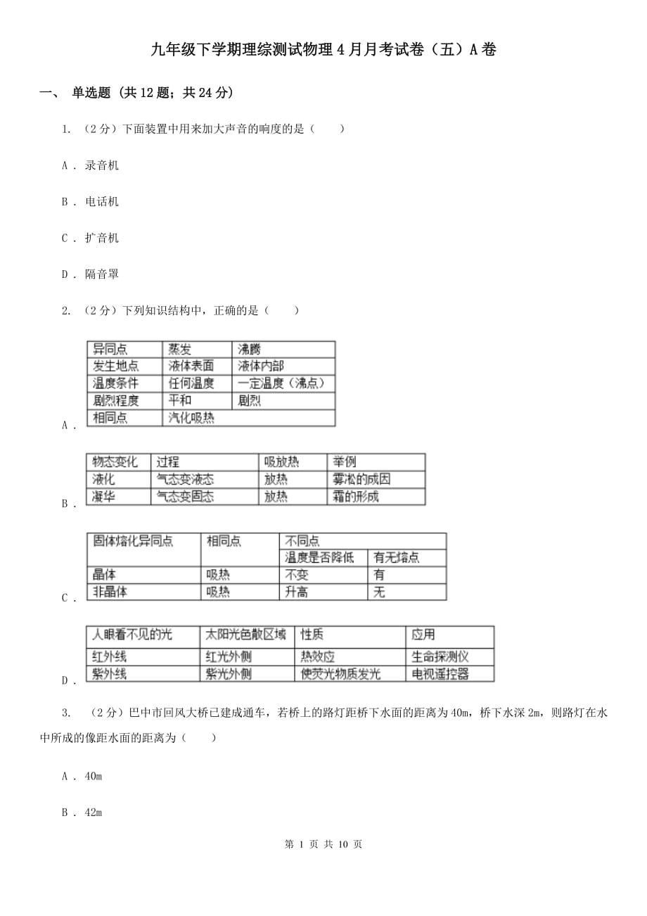 九年级下学期理综测试物理4月月考试卷（五）A卷.doc_第1页