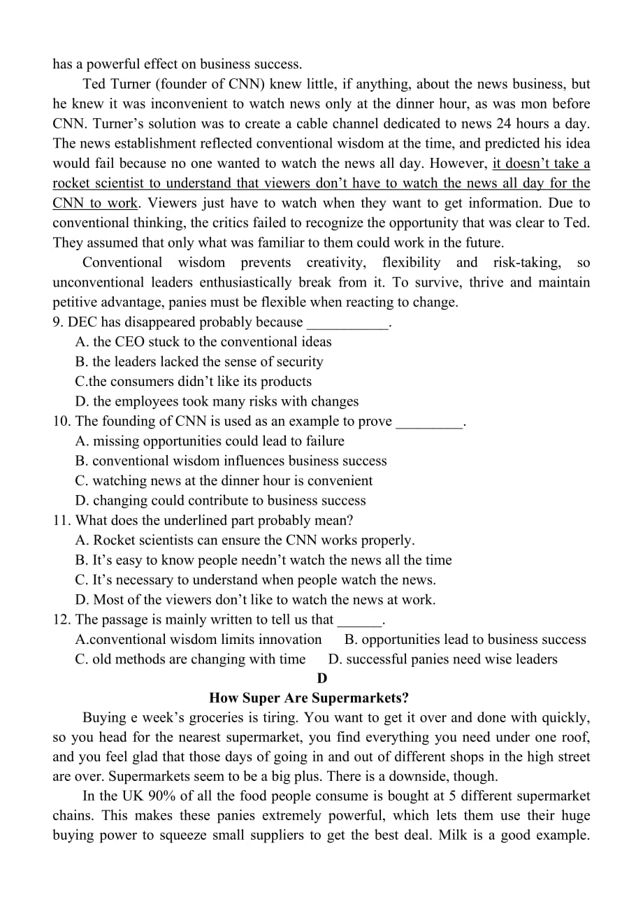 2019-2020年高三下学期第四次模拟考试英语试题 含答案.doc_第4页