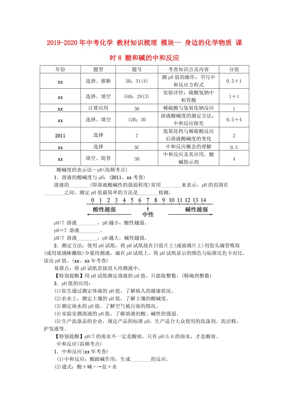 2019-2020年中考化学 教材知识梳理 模块一 身边的化学物质 课时8 酸和碱的中和反应.doc_第1页