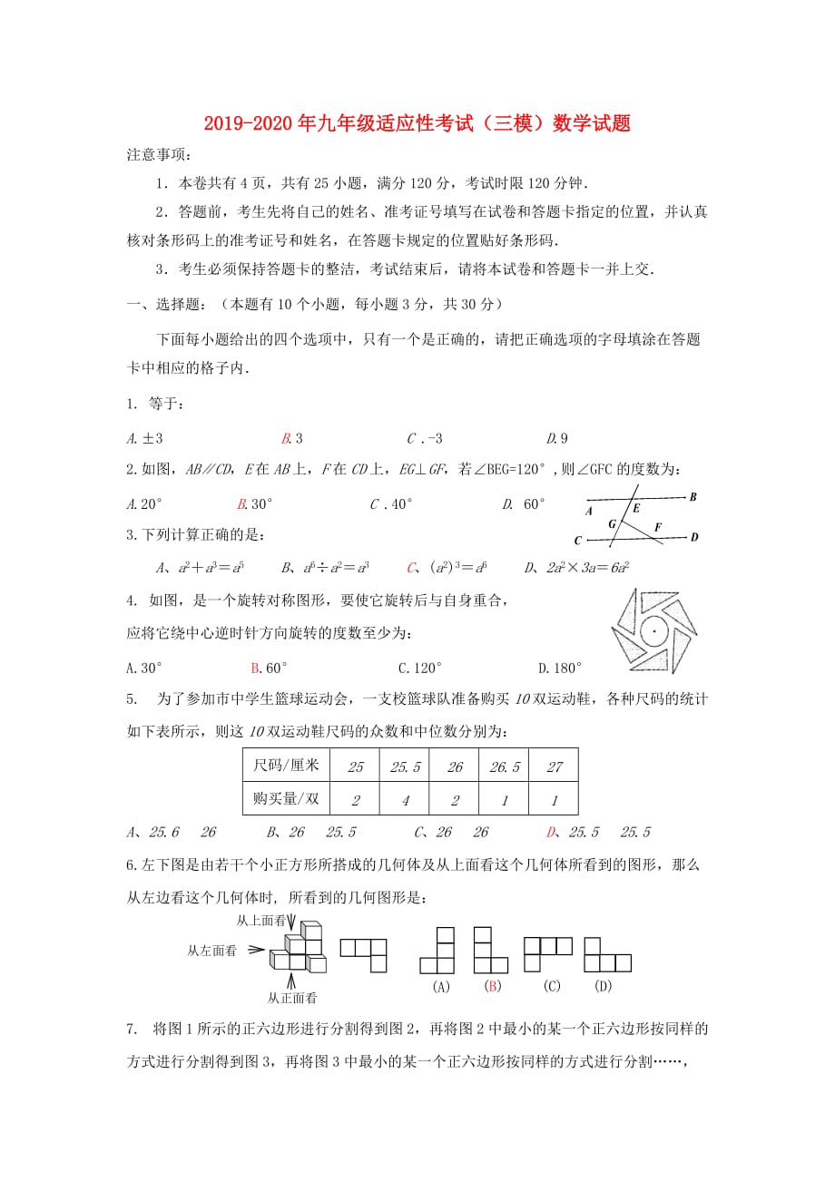 2019-2020年九年级适应性考试（三模）数学试题.doc_第1页