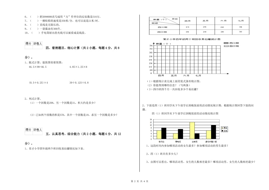 2020年四年级数学【下册】期中考试试卷 上海教育版（含答案）.doc_第2页