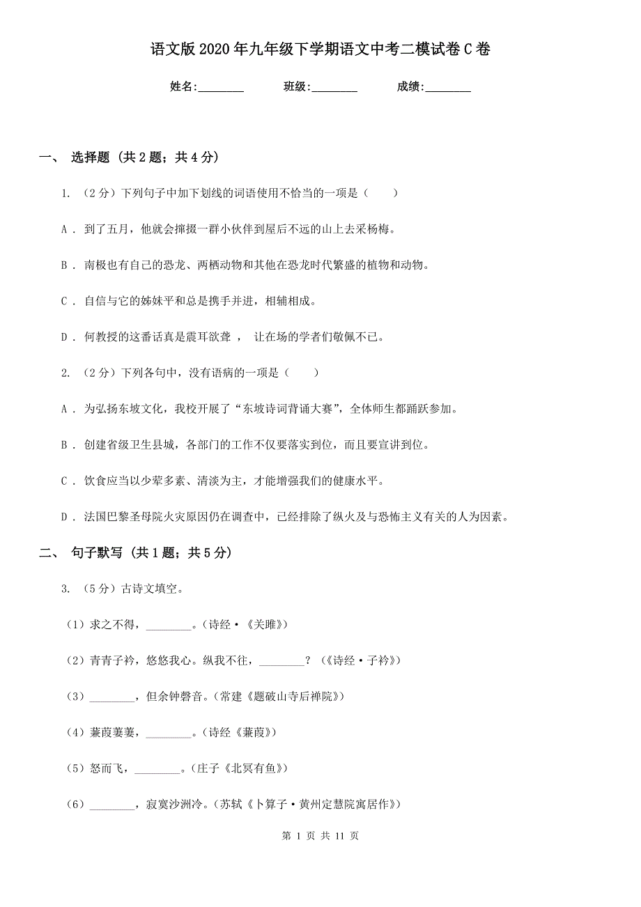 语文版2020年九年级下学期语文中考二模试卷C卷.doc_第1页