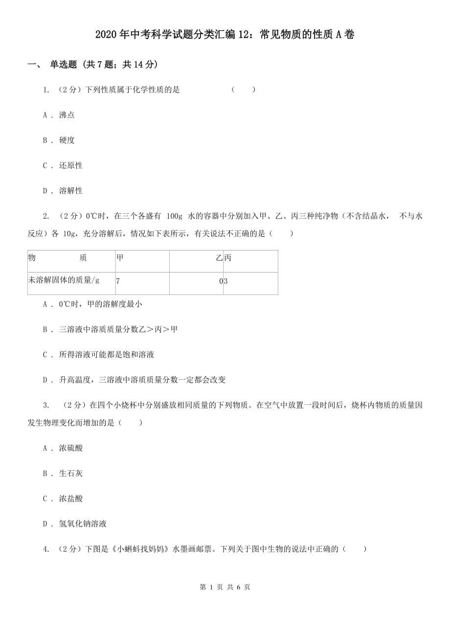 2020年中考科学试题分类汇编12：常见物质的性质A卷.doc_第1页