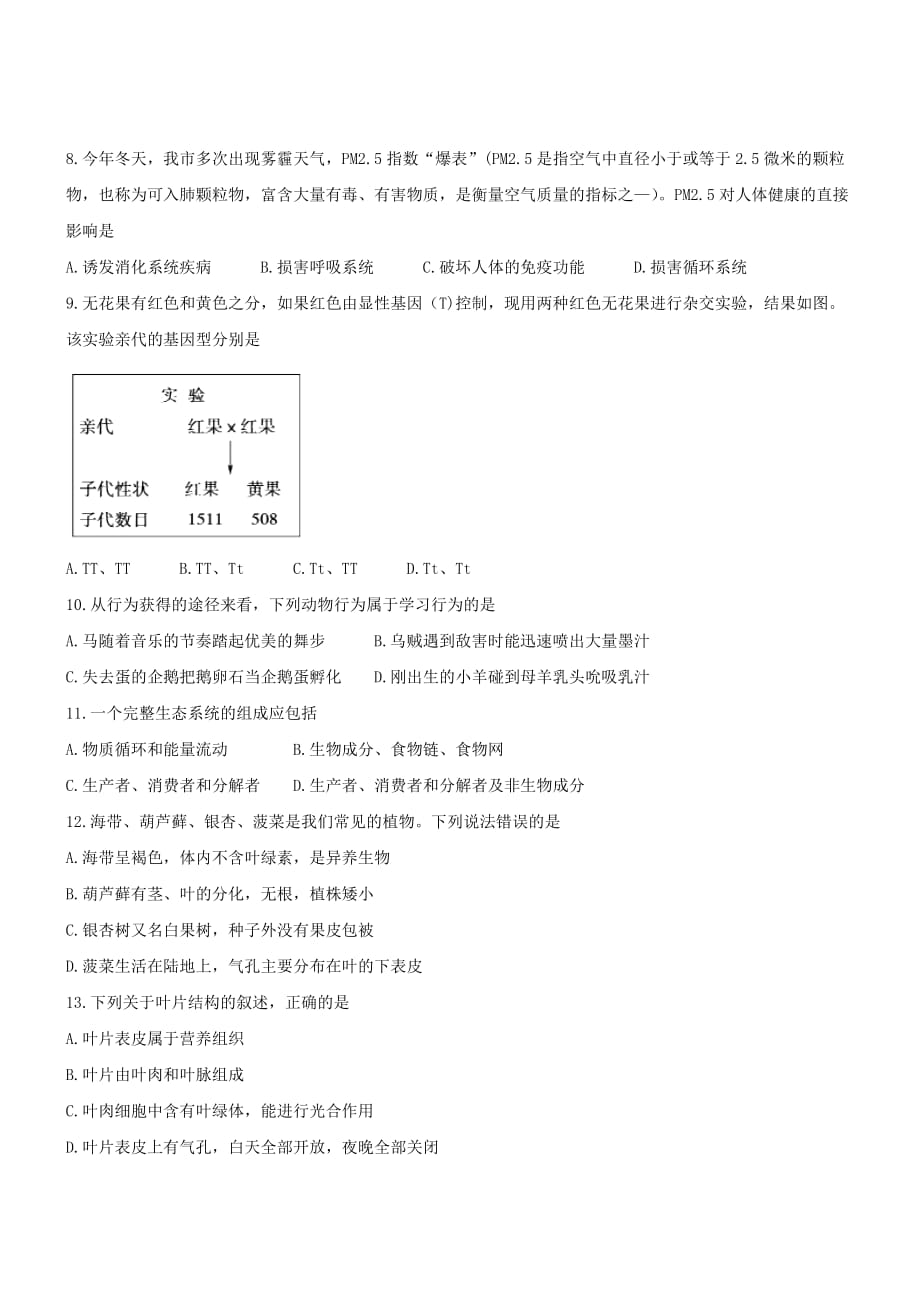 2019-2020年中考生物试卷（word版含答案）.doc_第2页