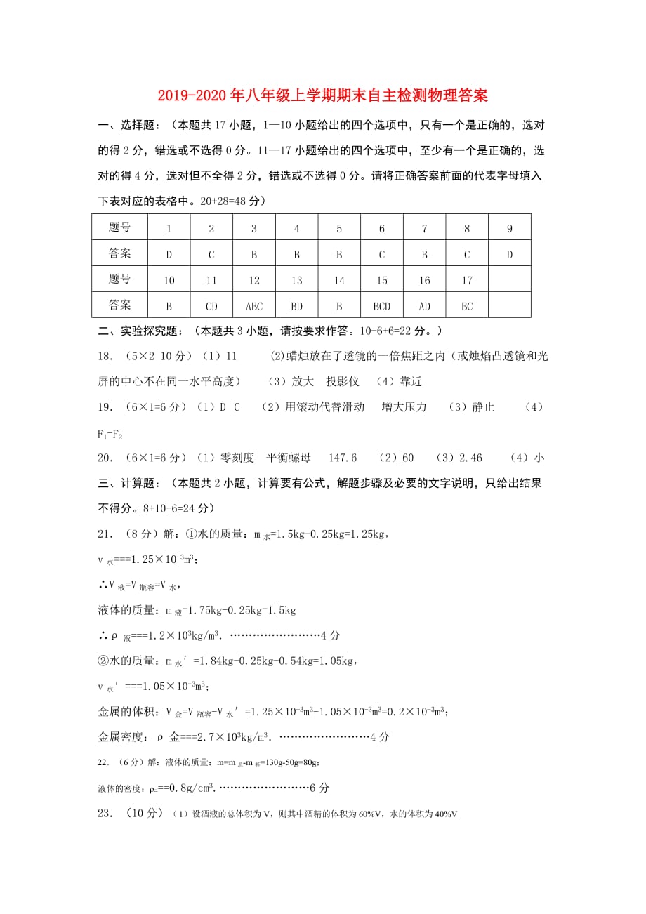 2019-2020年八年级上学期期末自主检测物理答案.doc_第1页