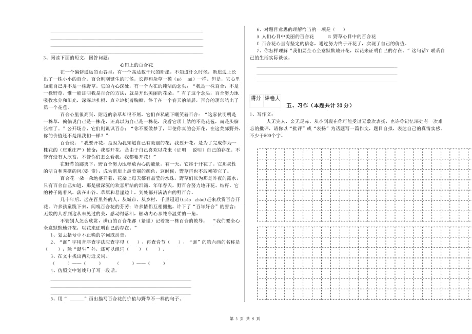 普洱市重点小学六年级语文下学期提升训练试题 含答案.doc_第3页