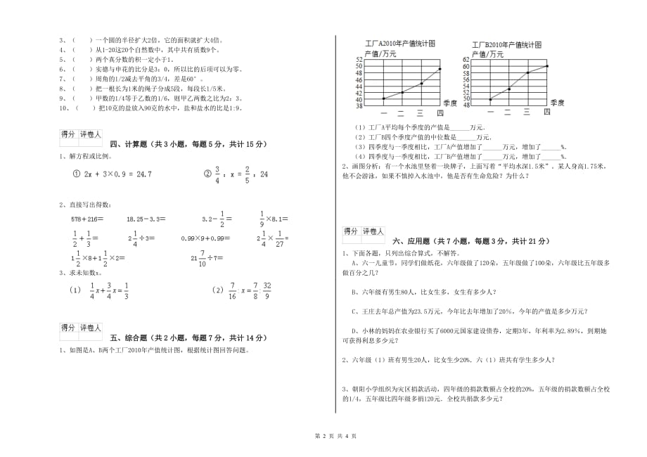 2020年六年级数学【上册】期末考试试题 新人教版（附解析）.doc_第2页