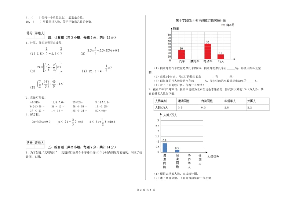 武汉市实验小学六年级数学【上册】综合练习试题 附答案.doc_第2页