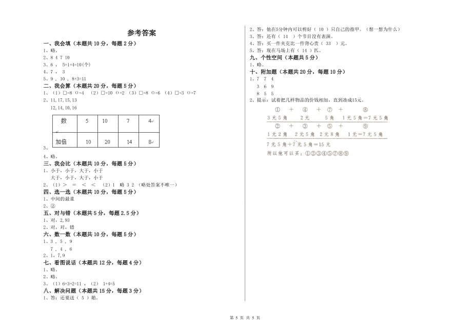 2020年重点小学一年级数学下学期全真模拟考试试卷C卷 含答案.doc_第5页