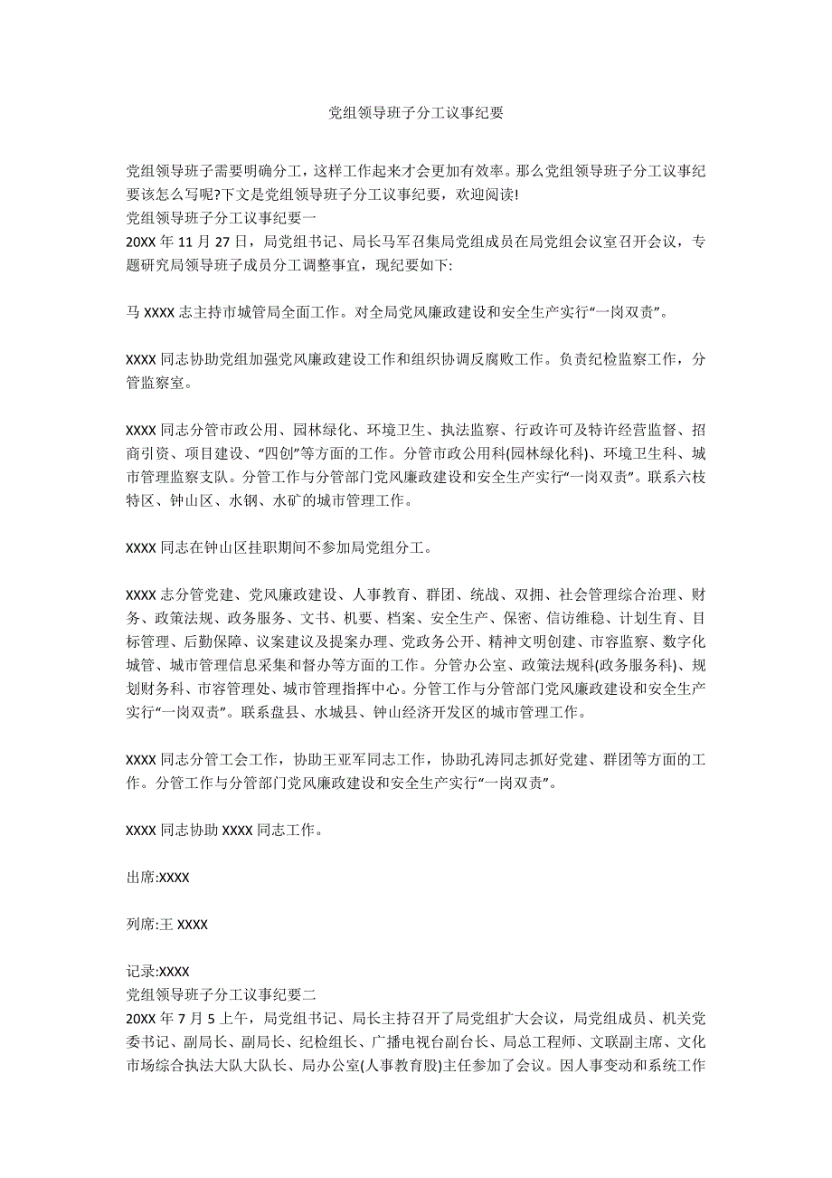 党组领导班子分工议事纪要.docx_第1页