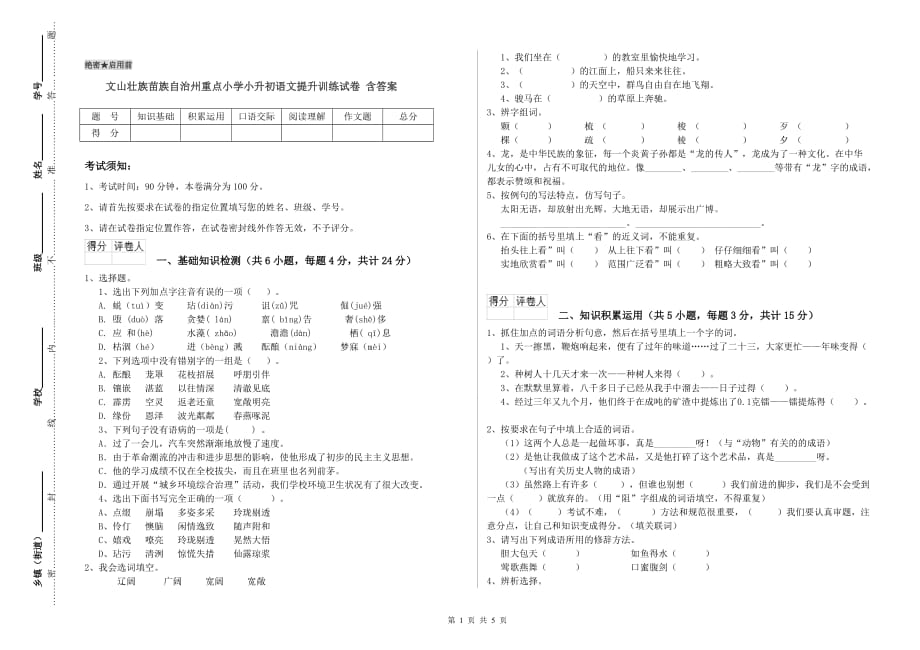 文山壮族苗族自治州重点小学小升初语文提升训练试卷 含答案.doc_第1页