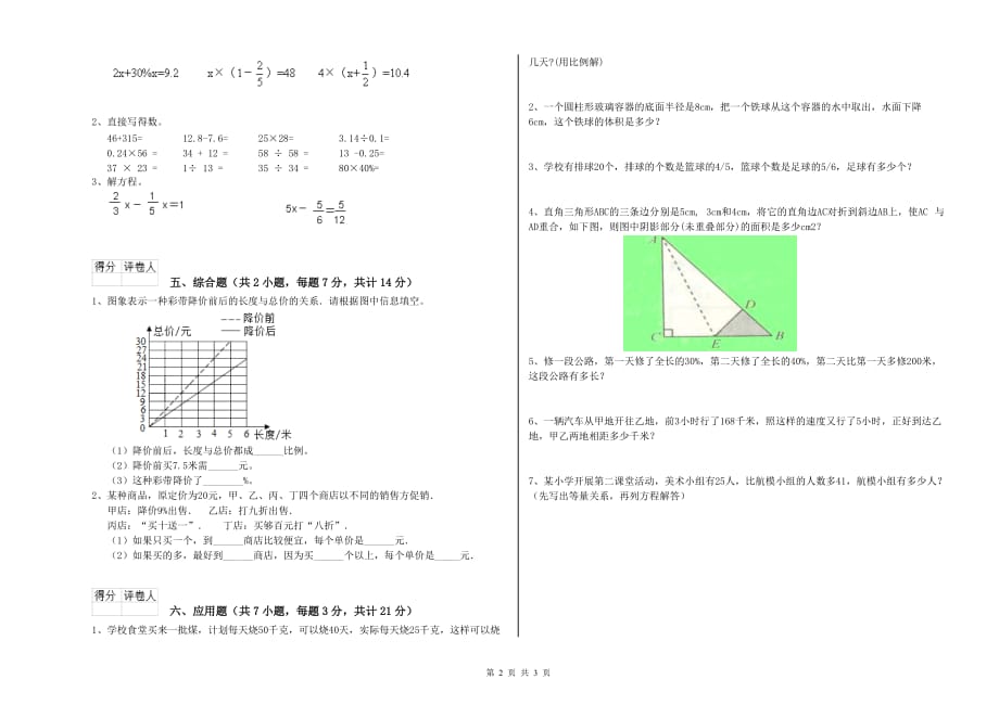 济南市实验小学六年级数学下学期过关检测试题 附答案.doc_第2页