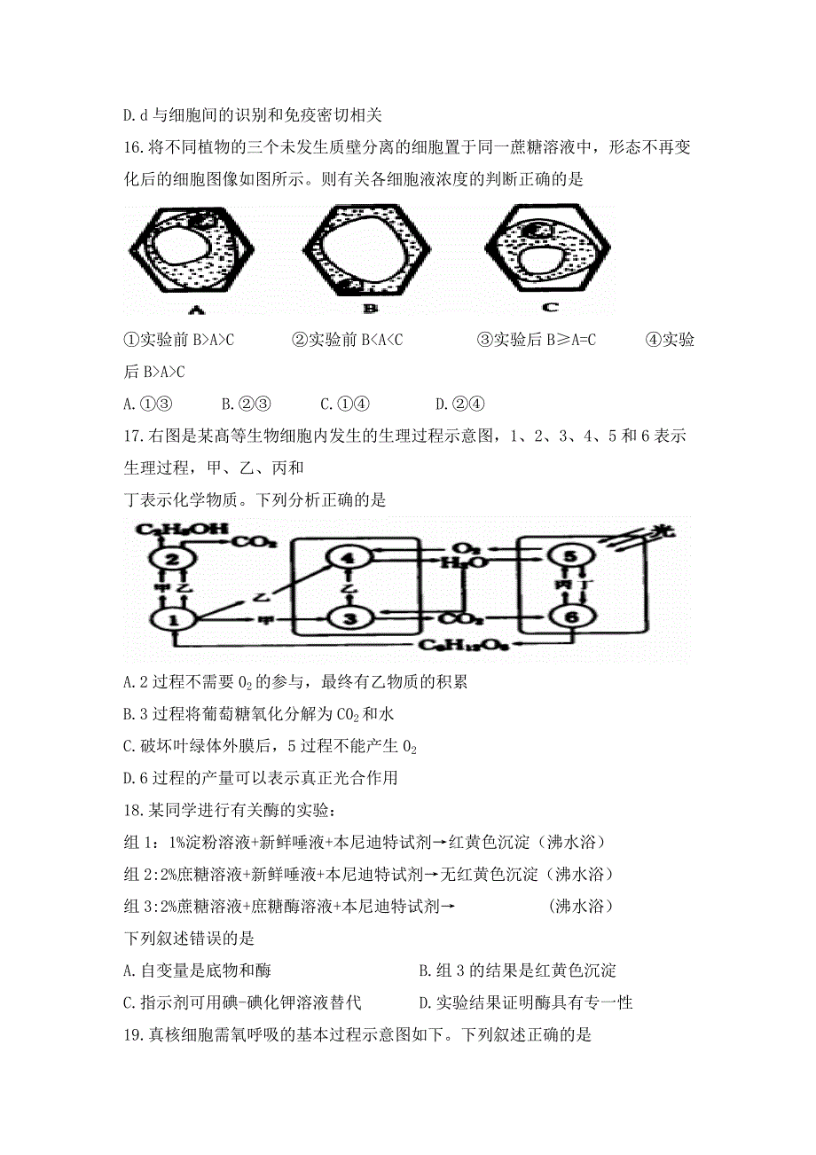 2019-2020年高一下学期开学收心考试生物试题 含答案.doc_第4页