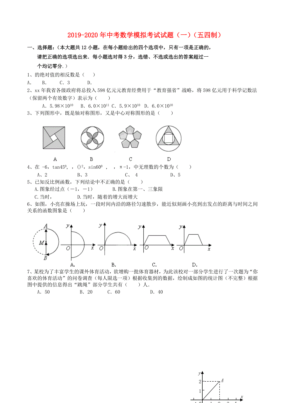 2019-2020年中考数学模拟考试试题（一）（五四制）.doc_第1页