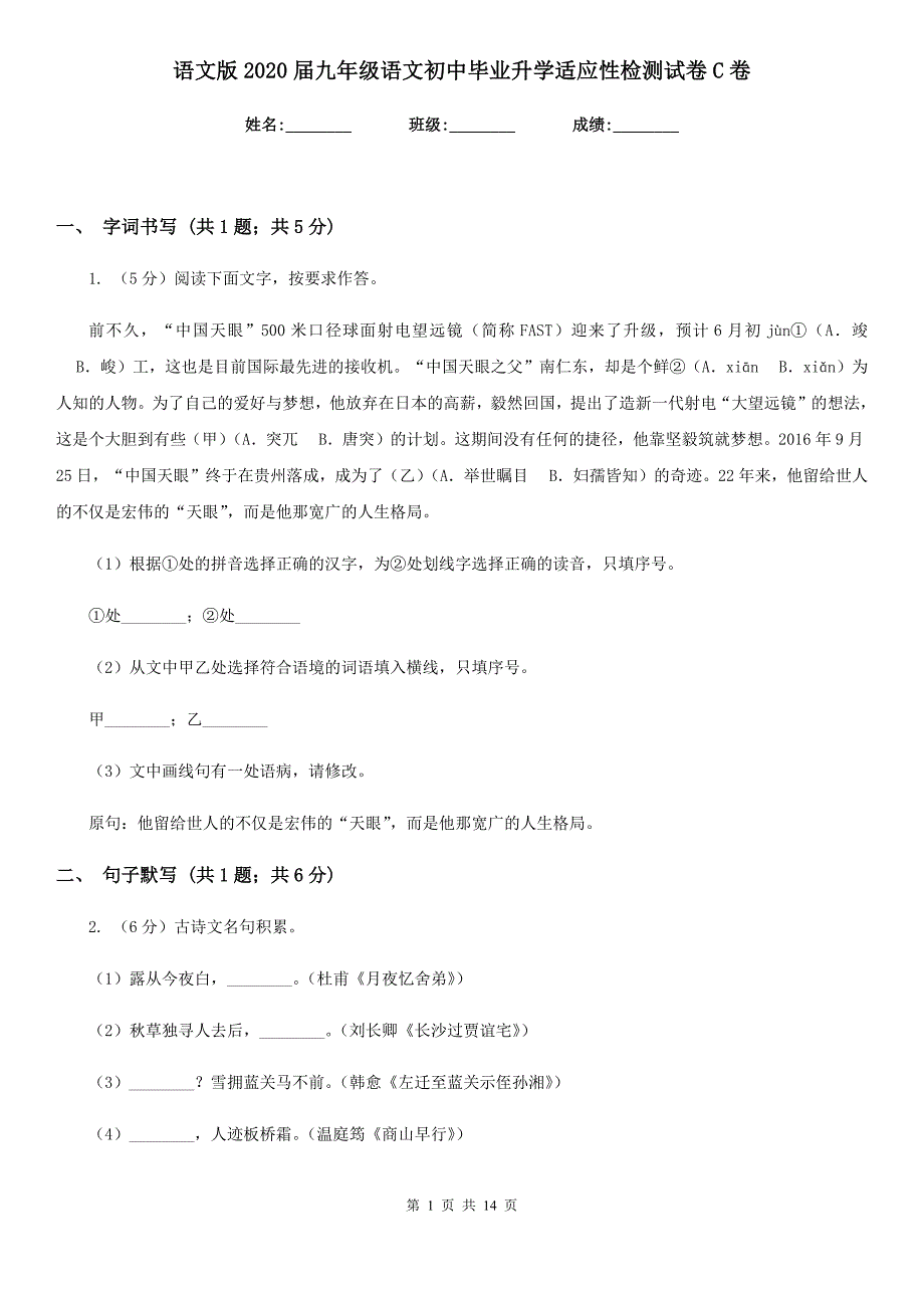 语文版2020届九年级语文初中毕业升学适应性检测试卷C卷.doc_第1页