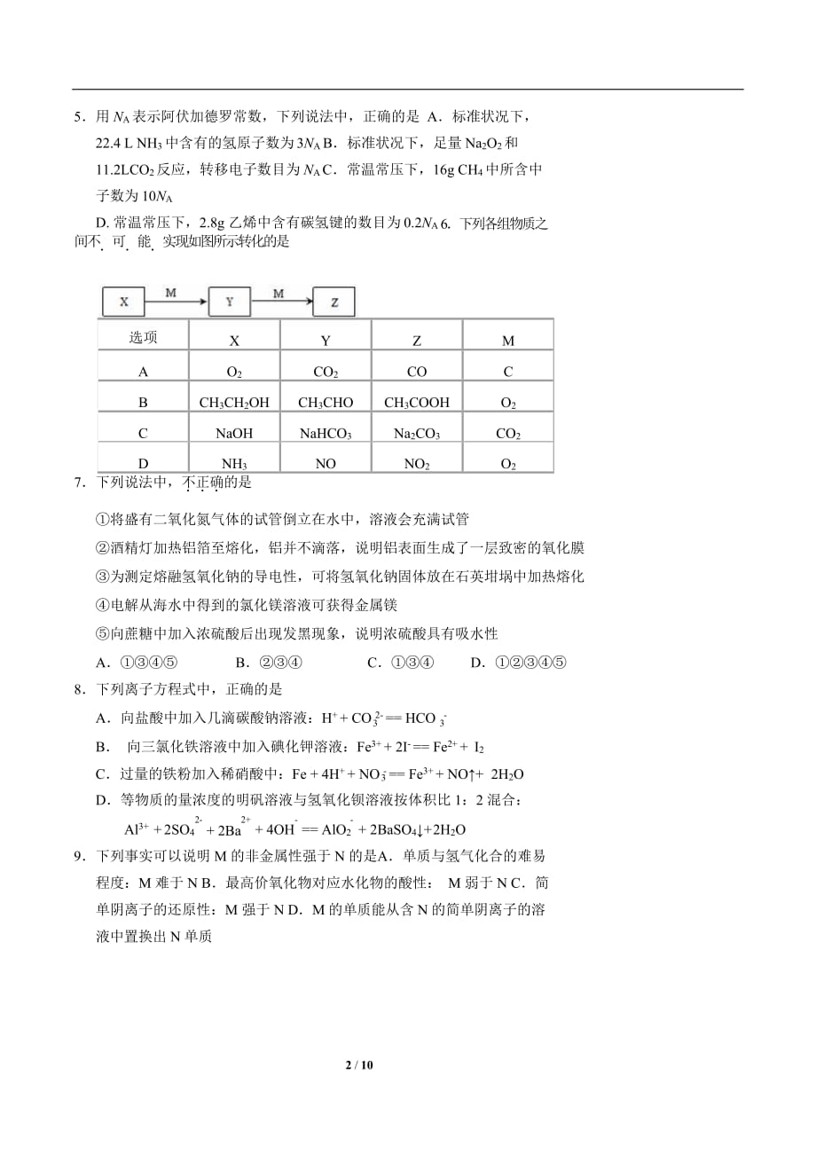 2020 年四川普通高等学校招生统一考试化学模拟题无答案_第2页