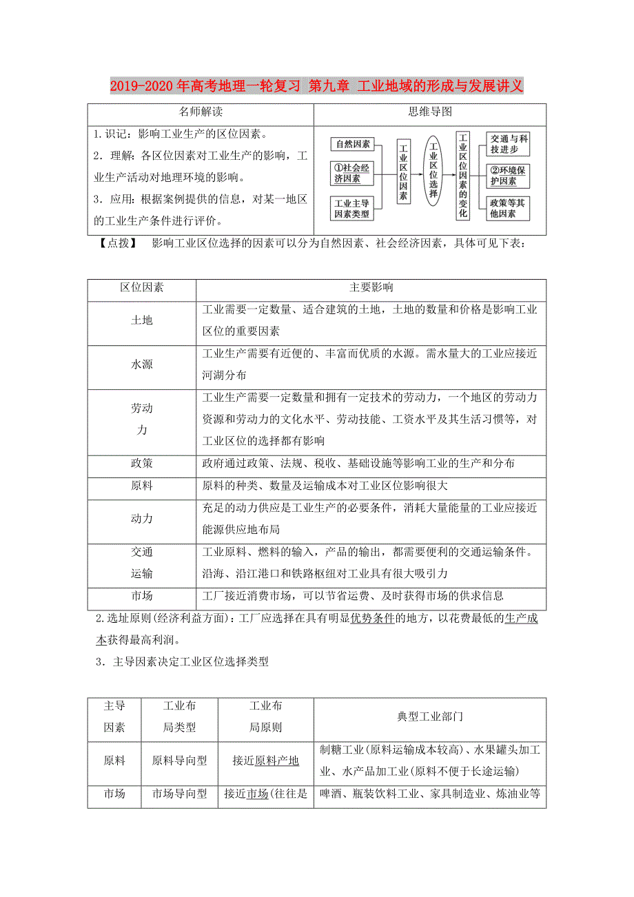 2019-2020年高考地理一轮复习 第九章 工业地域的形成与发展讲义.doc_第1页