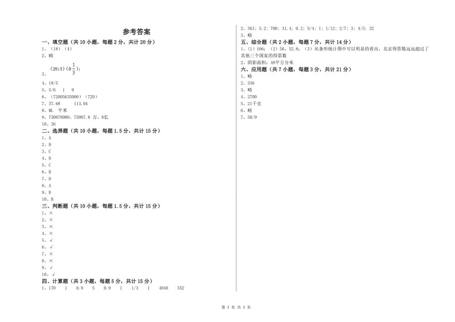2020年六年级数学【上册】月考试题 苏教版（附答案）.doc_第3页
