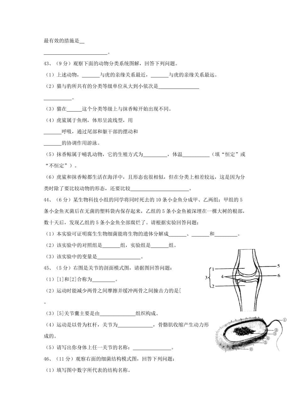 2019-2020年八年级上学期期末考试生物试题（V）.doc_第5页